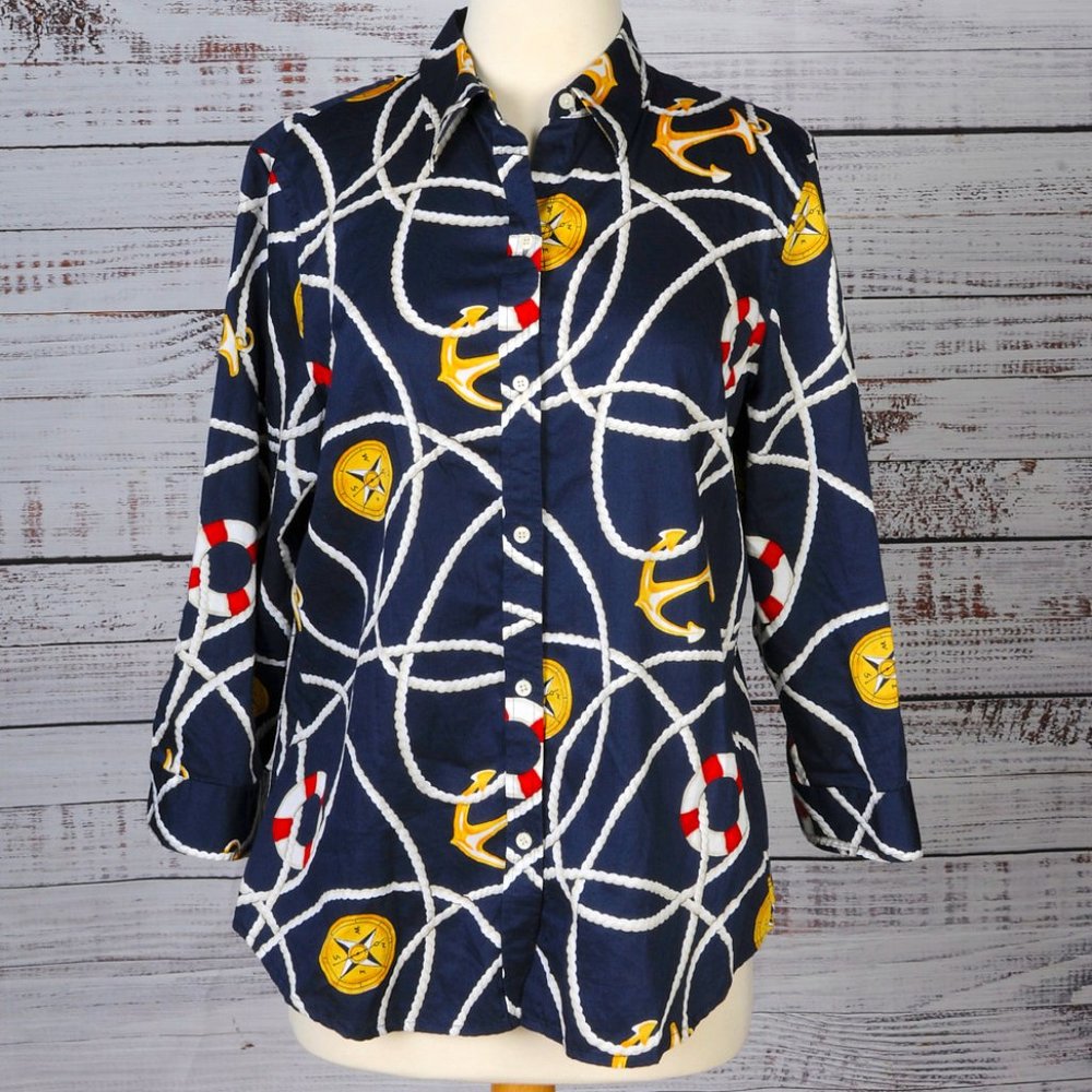 Lauren, by Ralph Lauren, Nautical Print, Blouse, Size L